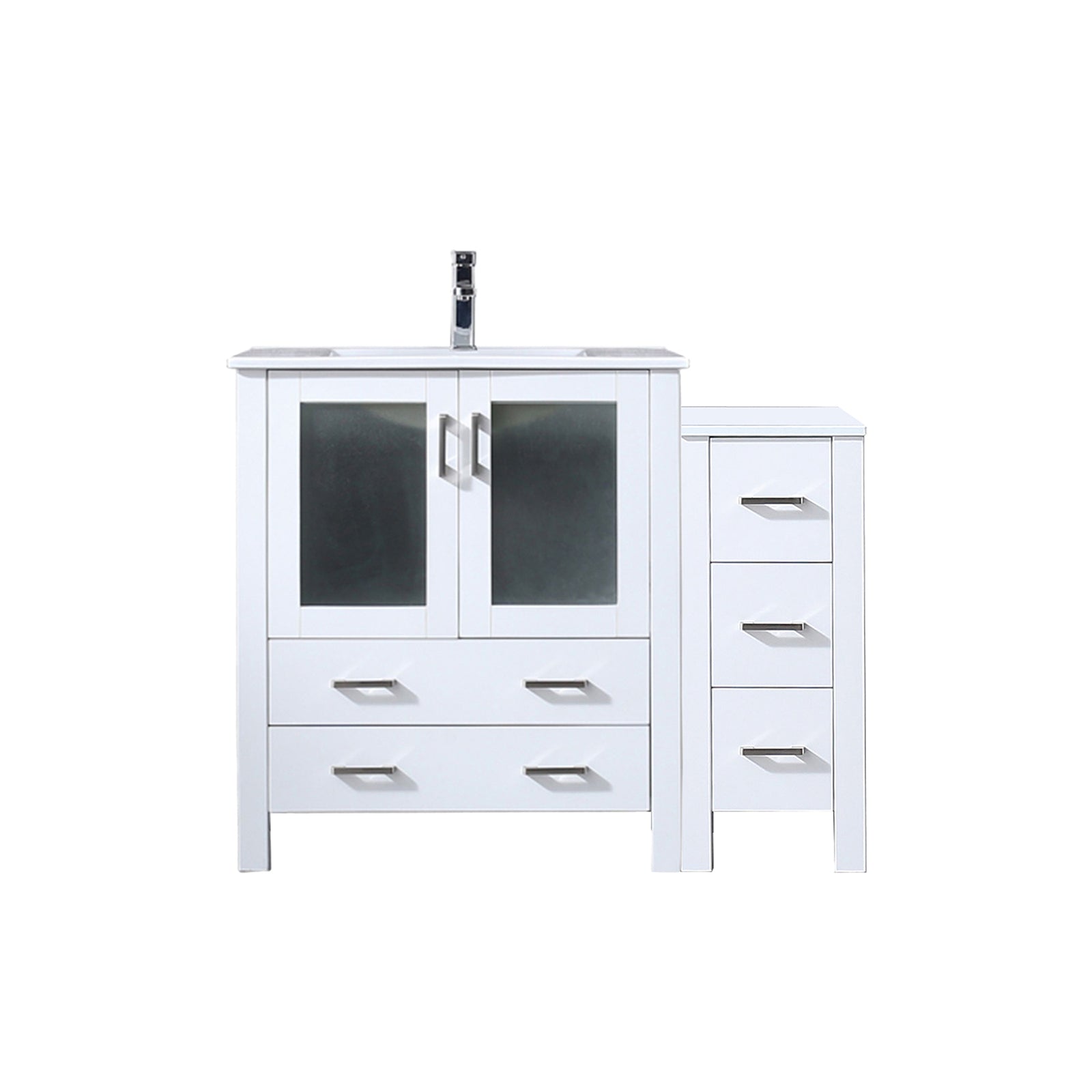 White Single Bath Vanity 42 in. W x 18.25 in. D, with Side Cabinet, White Ceramic Top, and Faucet Set