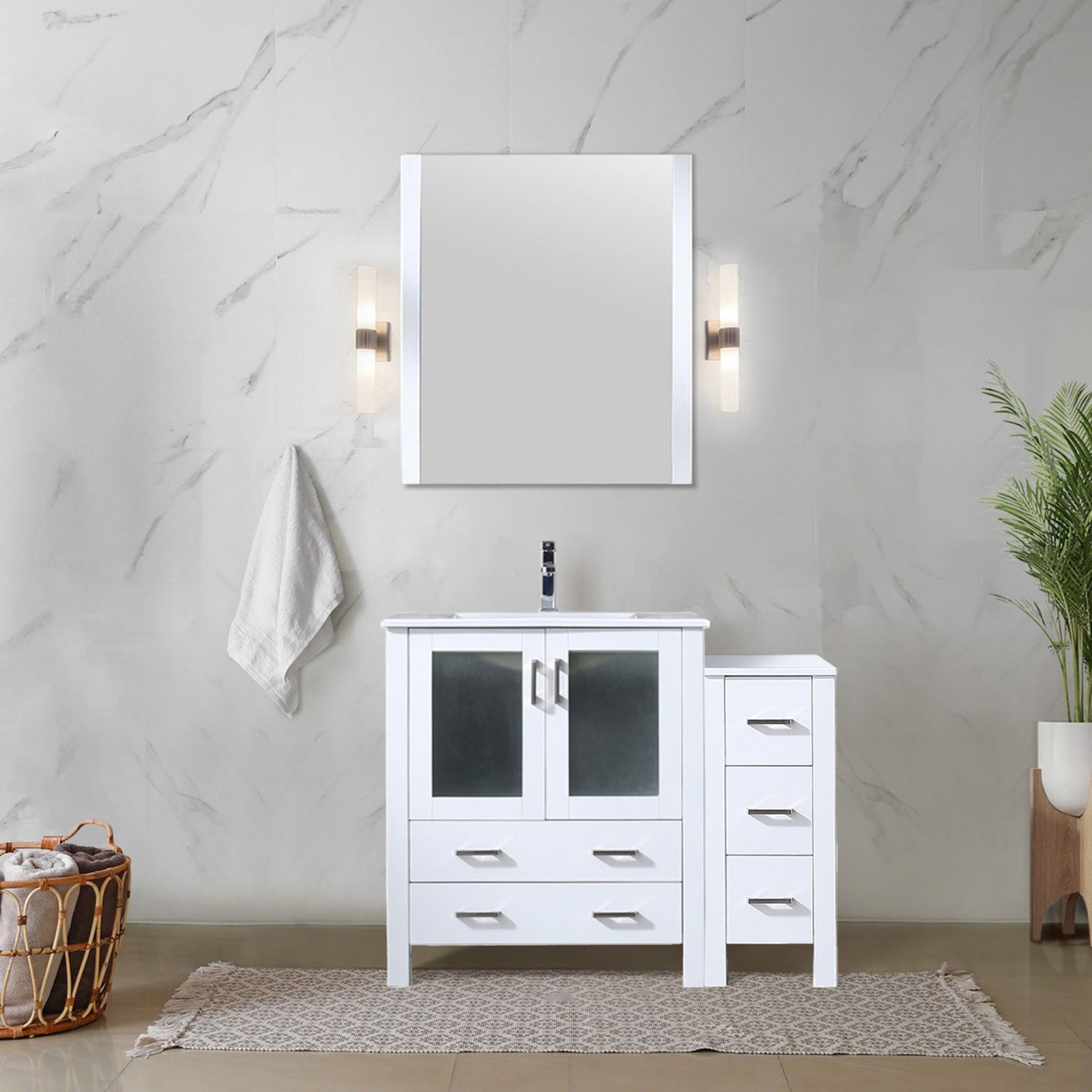 White Single Bath Vanity 42 in. W x 18.25 in. D, with Side Cabinet, White Ceramic Top, and Faucet Set