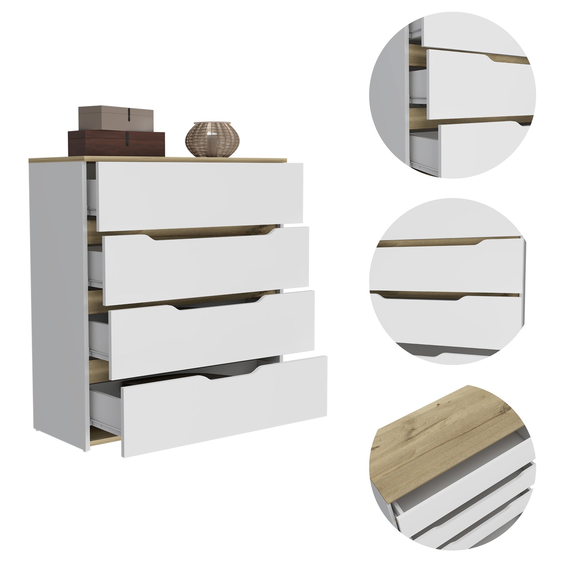 Zoe Dresser, Superior Top, Four Drawers -White / Light Oak