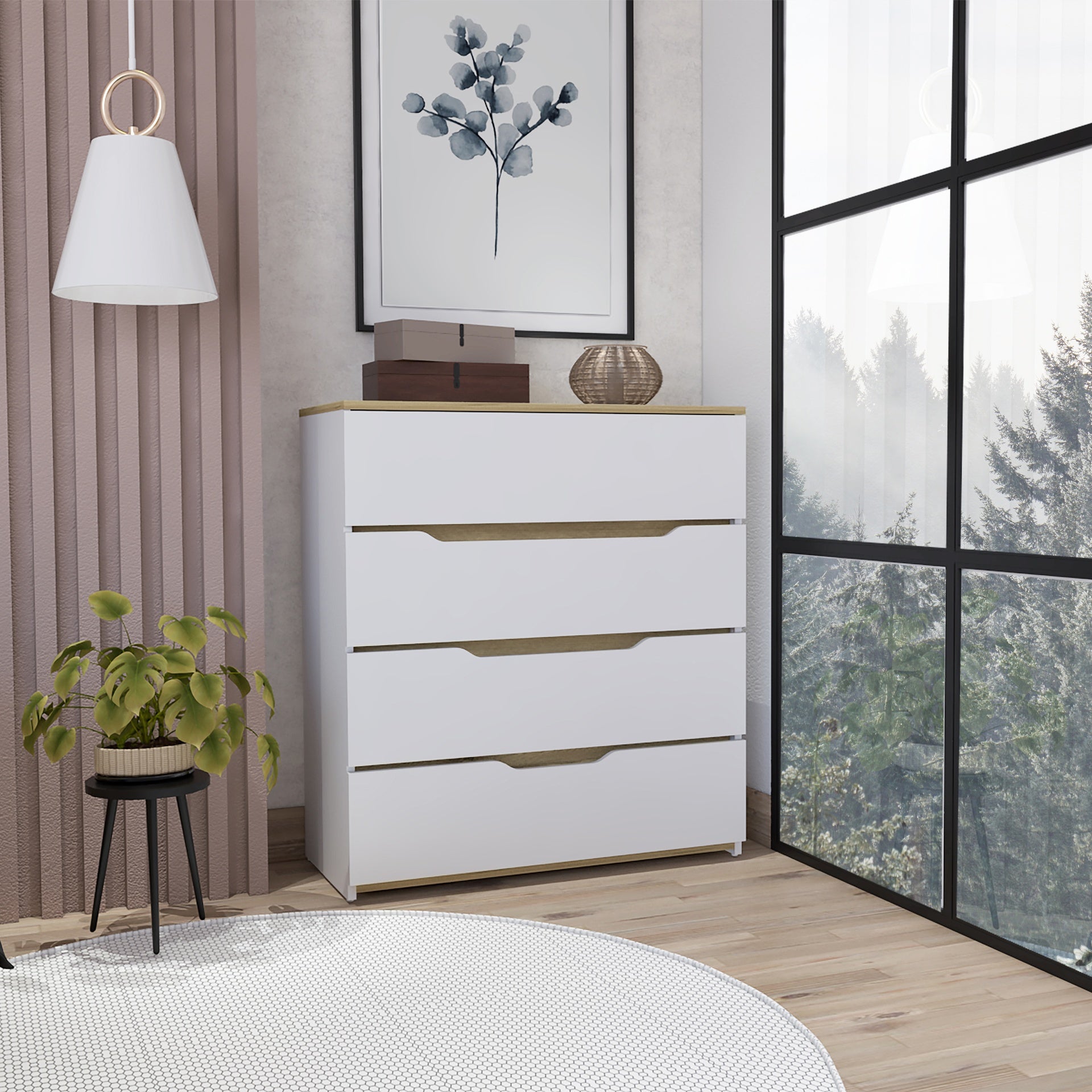Zoe Dresser, Superior Top, Four Drawers -White / Light Oak
