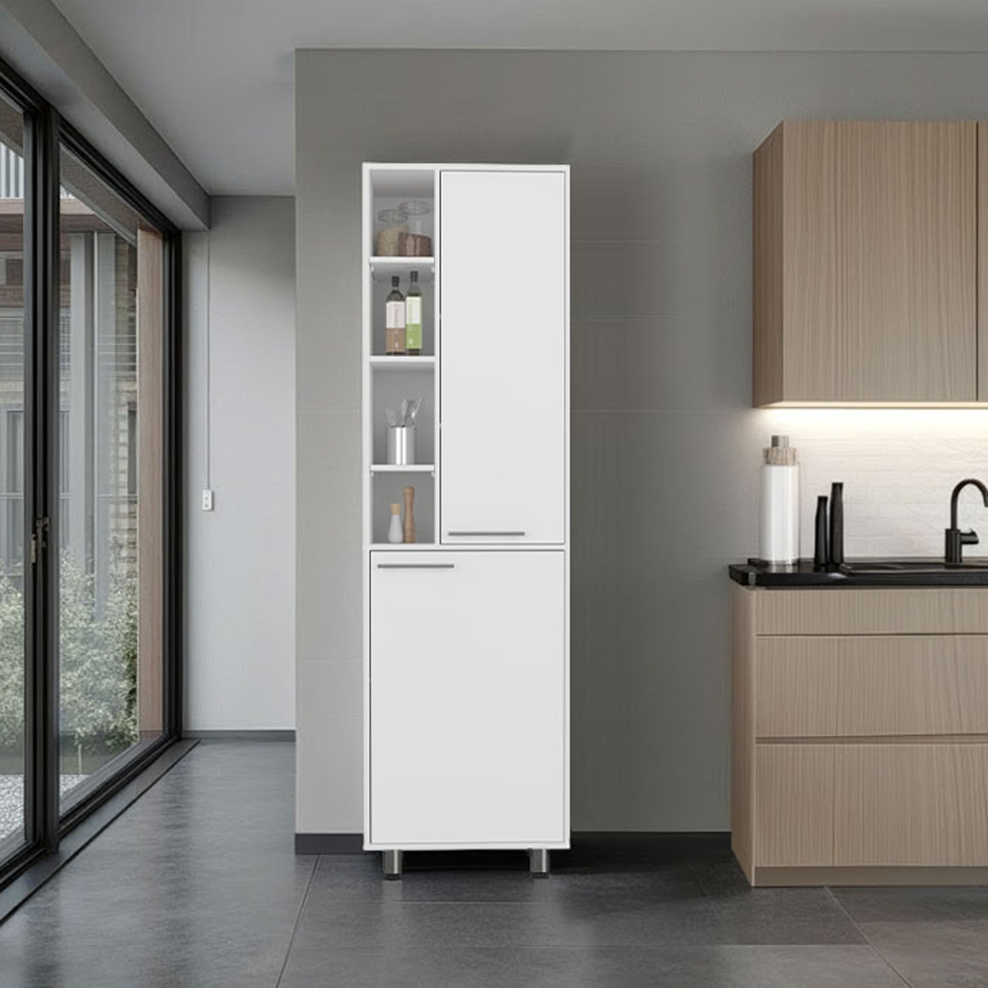 Burton Kitchen Pantry with 2 Doors, Adjustable Shelves, side Shelves, Compact Storage Cabinet for Kitchen Organization, White
