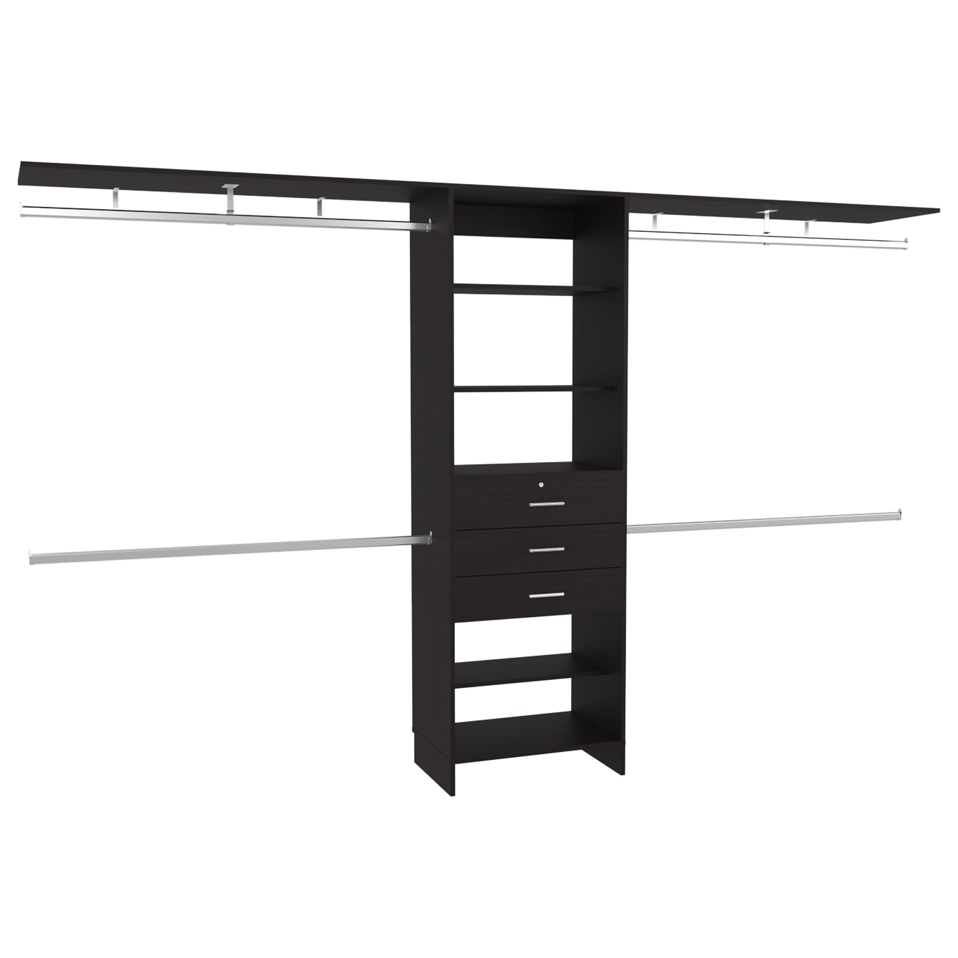 Plego 69"W - 118"W Drawers Closet System, Five Shelves, Four Hanging Rods, Three Drawers Black Wengue