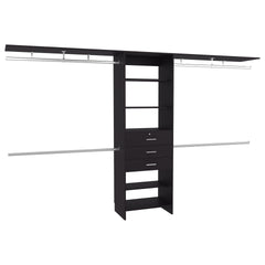 Plego 69"W - 118"W Drawers Closet System, Five Shelves, Four Hanging Rods, Three Drawers Black Wengue