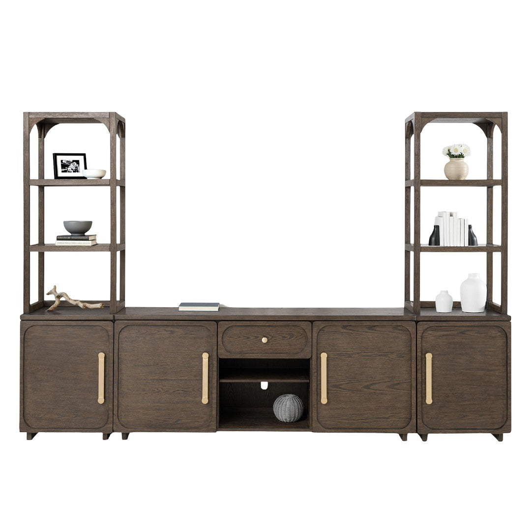 Transitional Style Entertainment Center Left And Right Pier Base Hutch Gold handles And Knob Recessed Panels Dark Walnut Finish