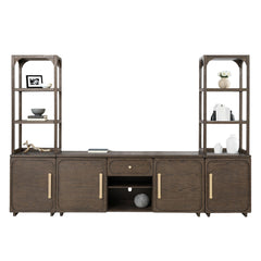 Transitional Style Entertainment Center Left And Right Pier Base Hutch Gold handles And Knob Recessed Panels Dark Walnut Finish