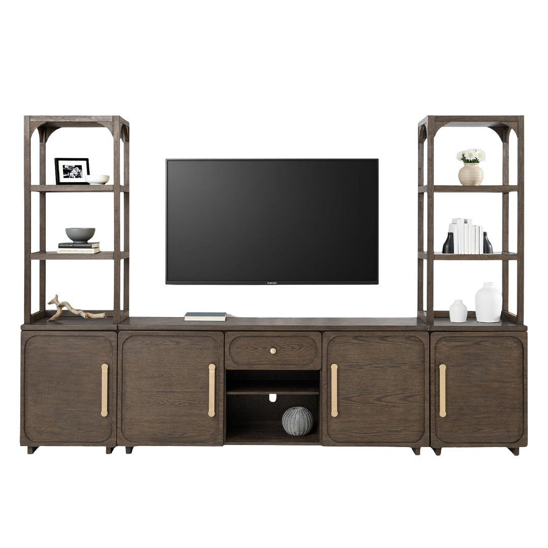 Transitional Style Entertainment Center Left And Right Pier Base Hutch Gold handles And Knob Recessed Panels Dark Walnut Finish