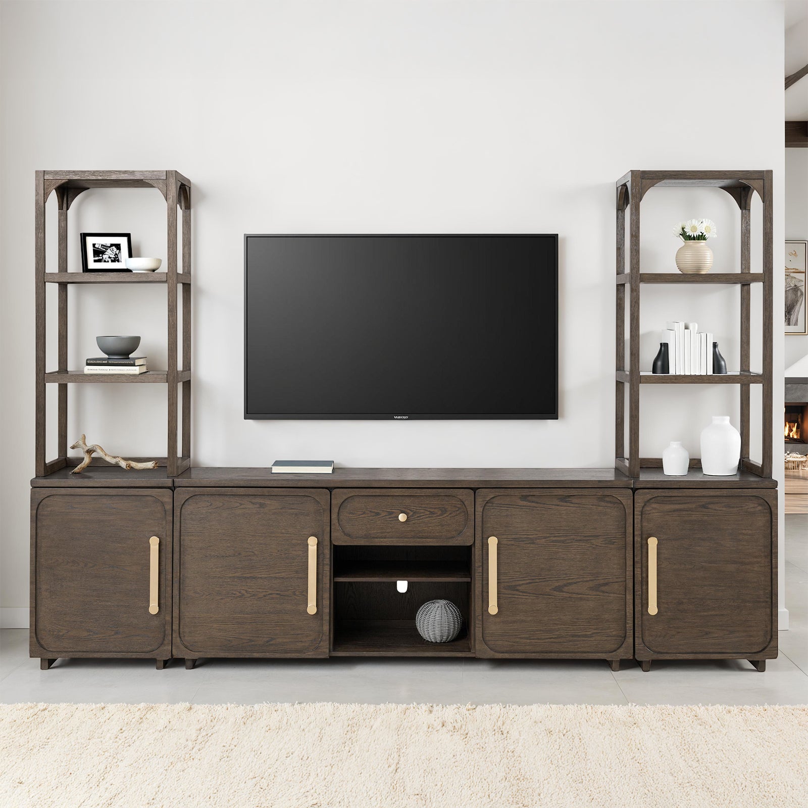 Transitional Style Entertainment Center Left And Right Pier Base Hutch Gold handles And Knob Recessed Panels Dark Walnut Finish