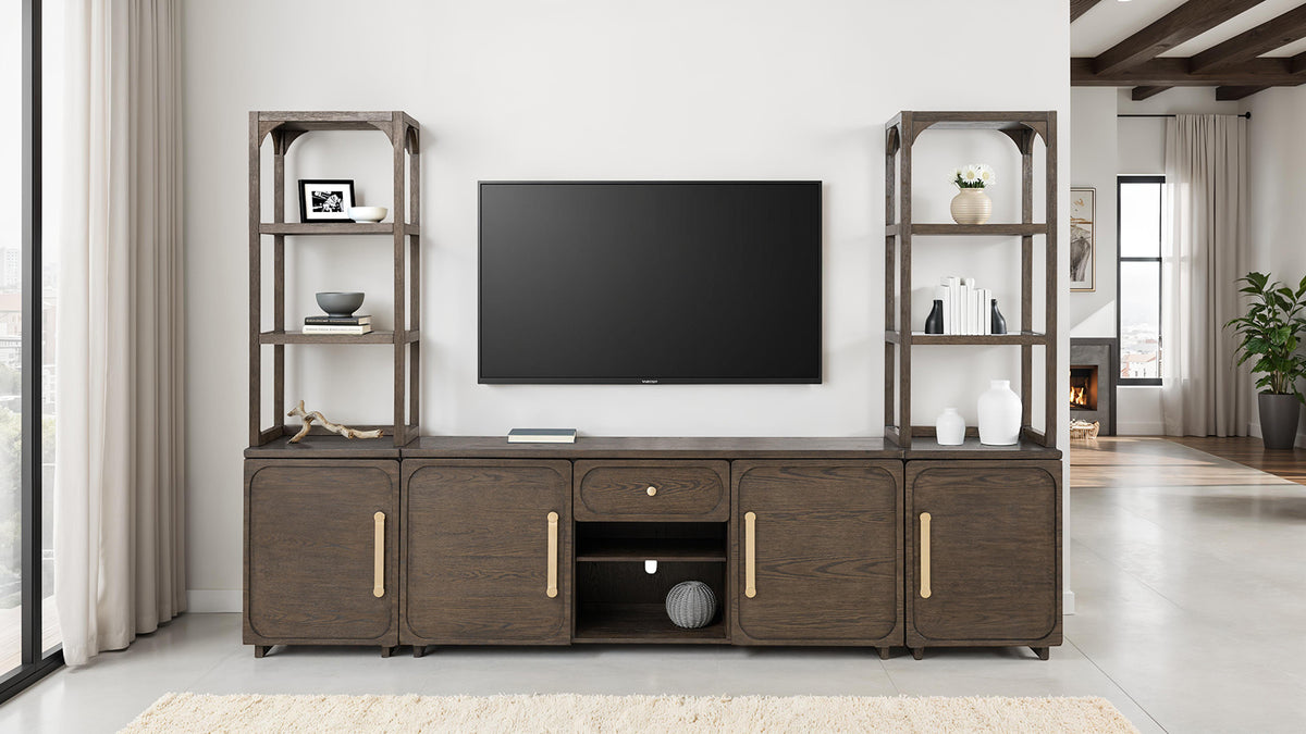Transitional Style Entertainment Center Left And Right Pier Base Hutch Gold handles And Knob Recessed Panels Dark Walnut Finish
