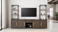 Transitional Style Entertainment Center Left And Right Pier Base Hutch Gold handles And Knob Recessed Panels Dark Walnut Finish