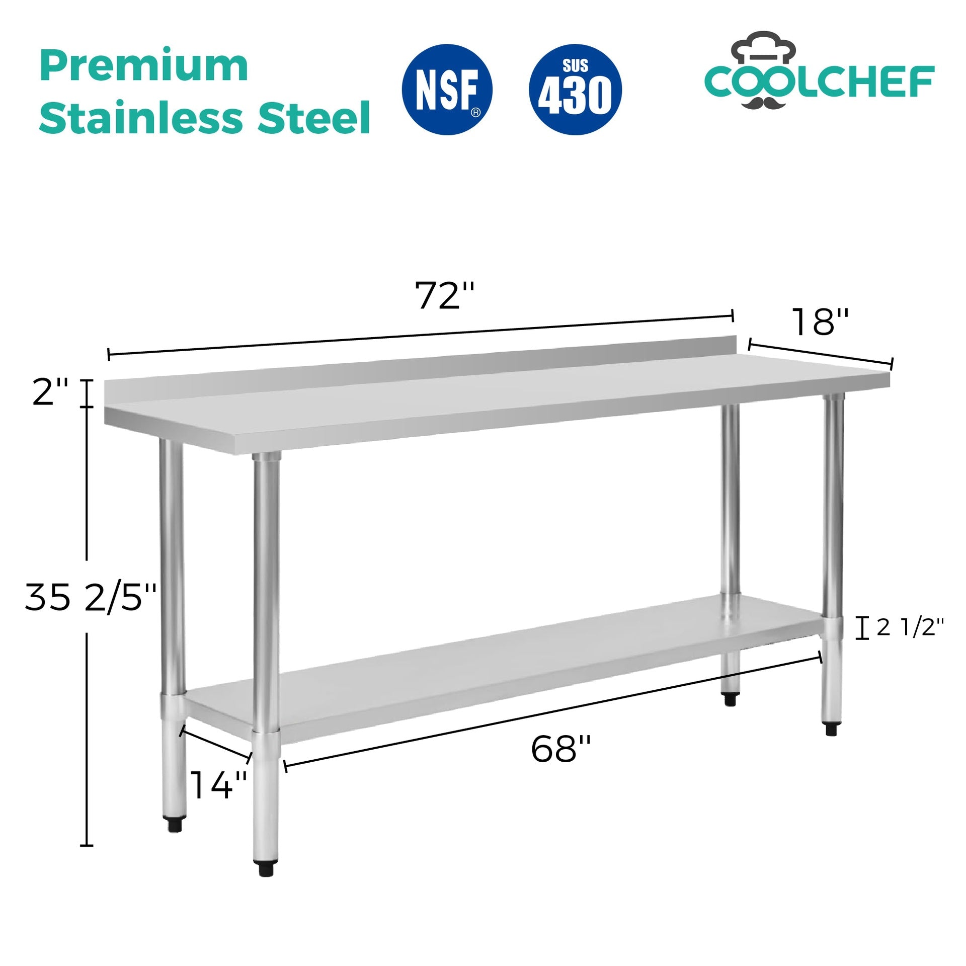 18" x 72" 18-Gauge Stainless Steel Commercial Work Table with 4" Backsplash and Undershelf