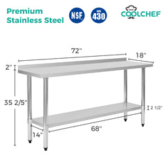 18" x 72" 18-Gauge Stainless Steel Commercial Work Table with 4" Backsplash and Undershelf