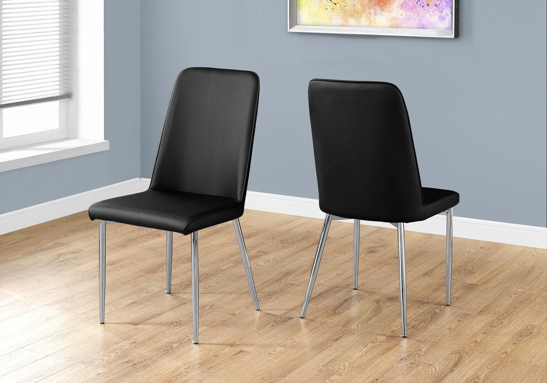 Dining Chair, Set Of 2, Side, Upholstered, Kitchen, Dining Room, Black Leather Look, Chrome Metal, Contemporary, Modern
