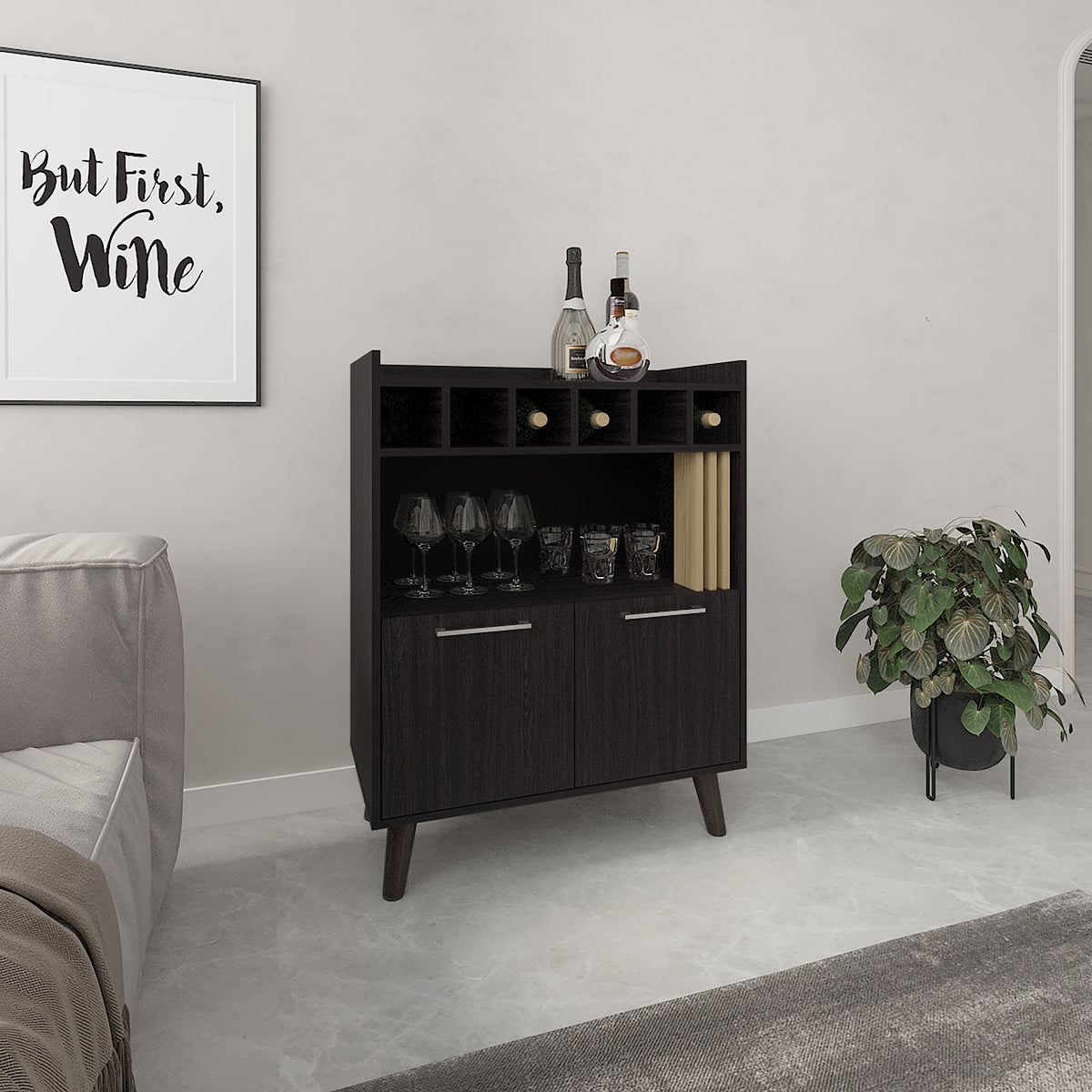 Vance 40" High Bar Cabinet with Six Bottle Cubbies, Two Double Door Cabients, Four Shelves, Living Room, Wine Rack, Liquoar Cabient Dark Wengue