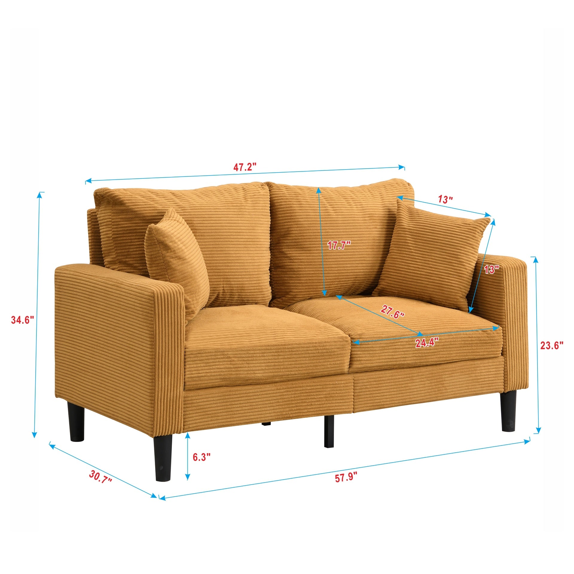 57 " High Resilience Loveseat Sofa, Wooden Frame 2 Seat Sofa, Comfy , Small Space Saving Modern Upholstered Sofa, Living Room Bedroom Apartment Small Space , Orange