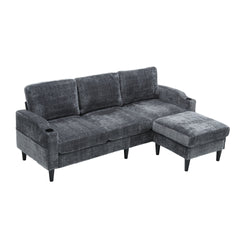 UNITED  WE WIN Sofa for three, solid wood frame, Chenille fabric, side pocket, with two cup holders, footstool with storagestorage sofa /Living room sofa cozy sectional  sofa