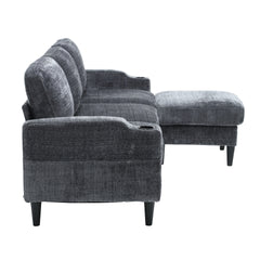 UNITED  WE WIN Sofa for three, solid wood frame, Chenille fabric, side pocket, with two cup holders, footstool with storagestorage sofa /Living room sofa cozy sectional  sofa