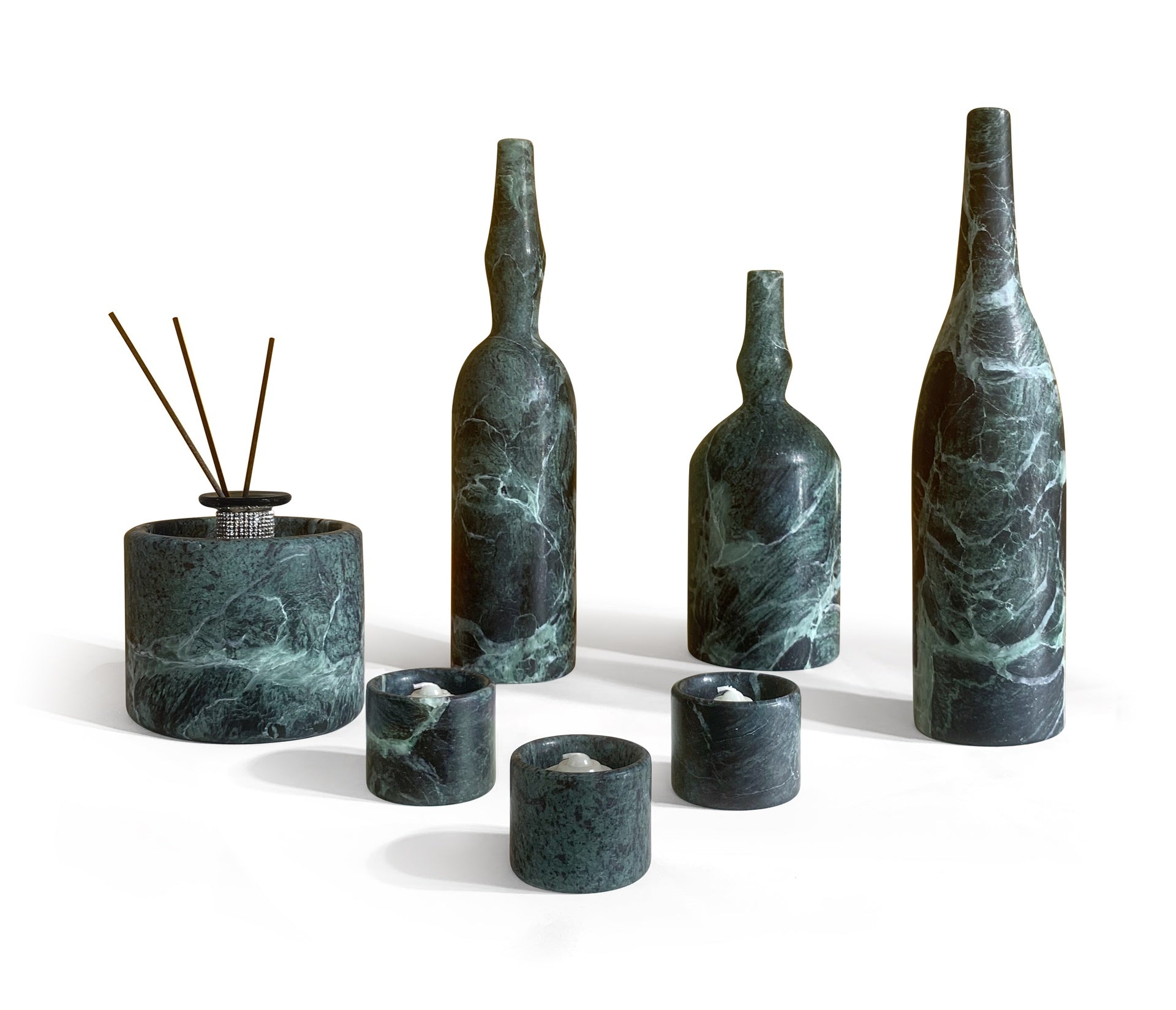 Diamond Green Marble Home Decor Set - 7-Piece Luxury Natural Stone Collection for Living Room, Bedroom, Bathroom