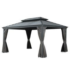 12' X 16' Hardtop Gazebo, Upgraded Metal Gazebo with Drainage System, Dual-Layer Galvanized Steel Roof, Curtain and Netting, Outdoor Shelter Canopy for Patio, Garden, and Backyard, Gray