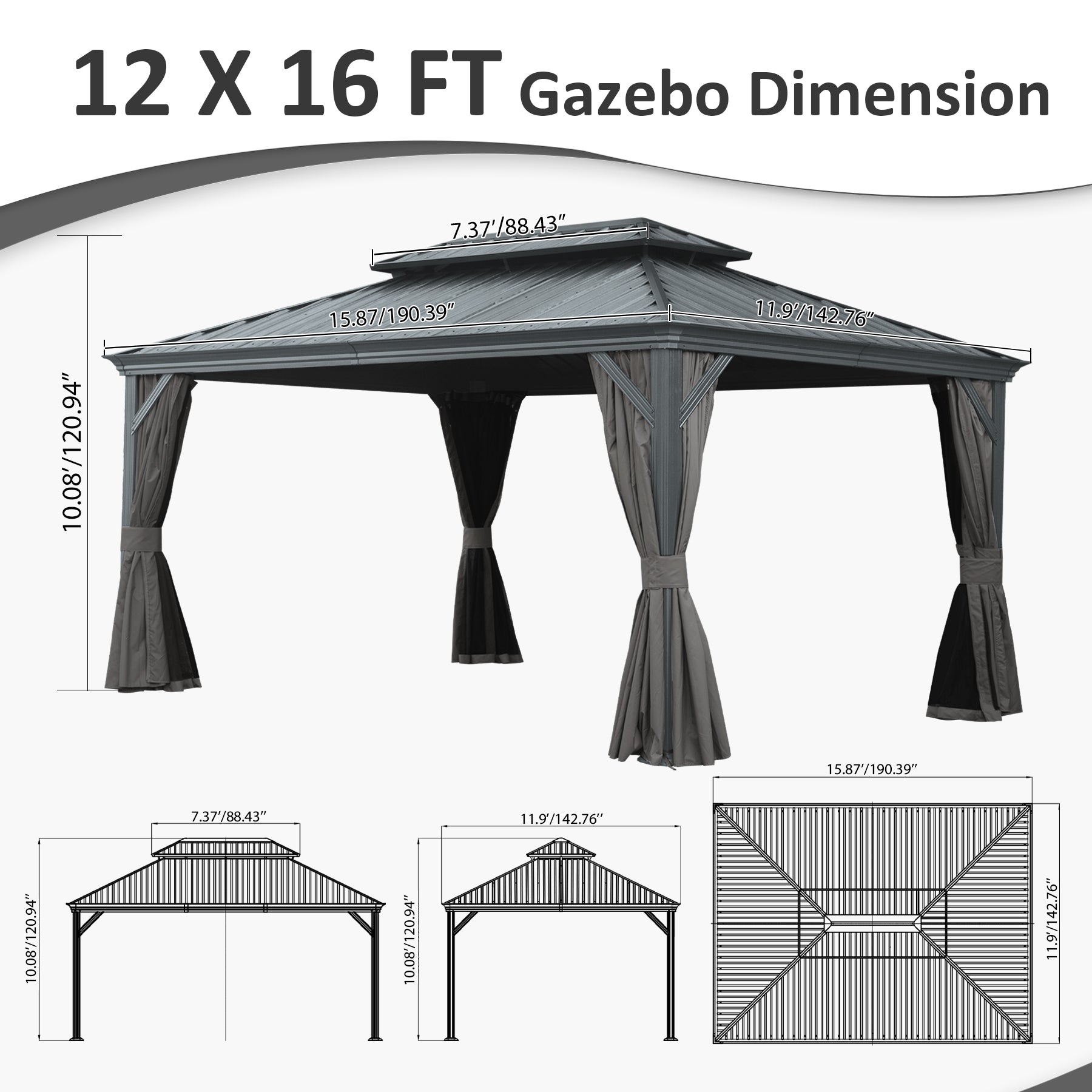 12' X 16' Hardtop Gazebo, Upgraded Metal Gazebo with Drainage System, Dual-Layer Galvanized Steel Roof, Curtain and Netting, Outdoor Shelter Canopy for Patio, Garden, and Backyard, Gray