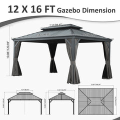 12' X 16' Hardtop Gazebo, Upgraded Metal Gazebo with Drainage System, Dual-Layer Galvanized Steel Roof, Curtain and Netting, Outdoor Shelter Canopy for Patio, Garden, and Backyard, Gray