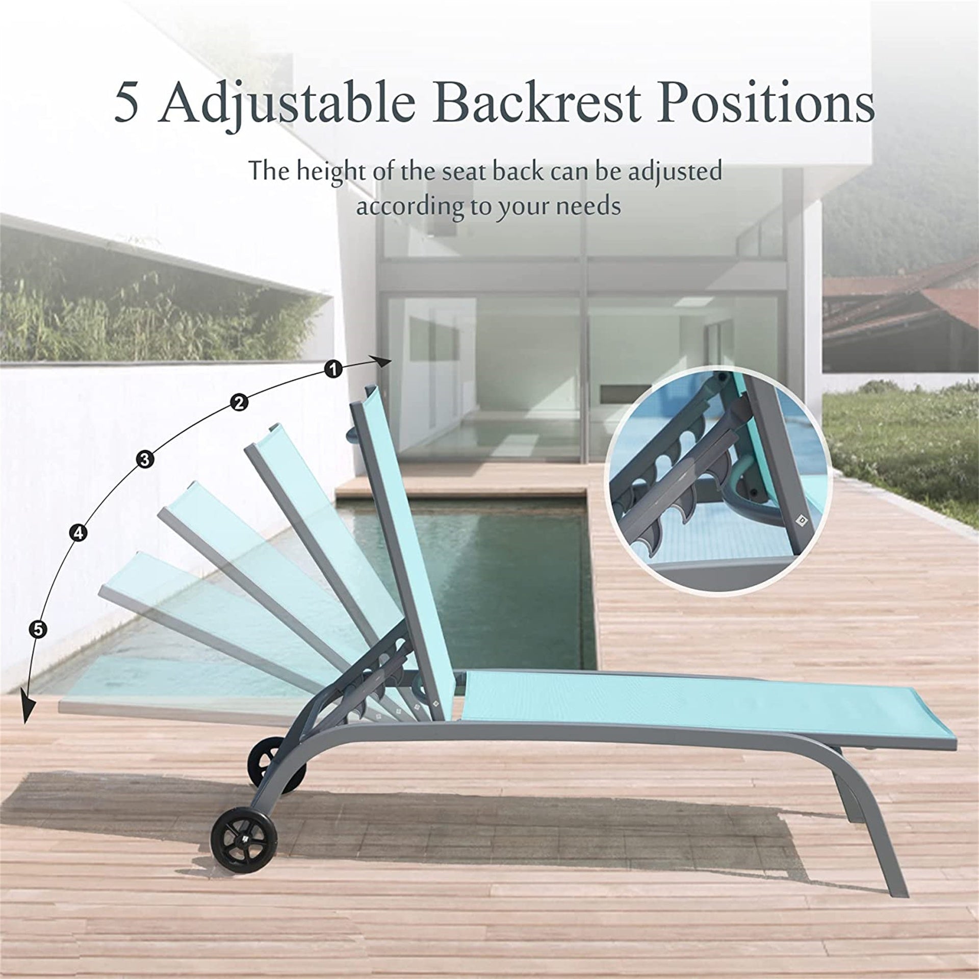 Chaise Lounge Outdoor Set of 3, Lounge Chairs for Outside with Wheels, Outdoor Lounge Chairs with 5 Adjustable Position, Pool Lounge Chairs for Patio, Beach(Lake Blue, 2 Lounge Chairs+1 Table)