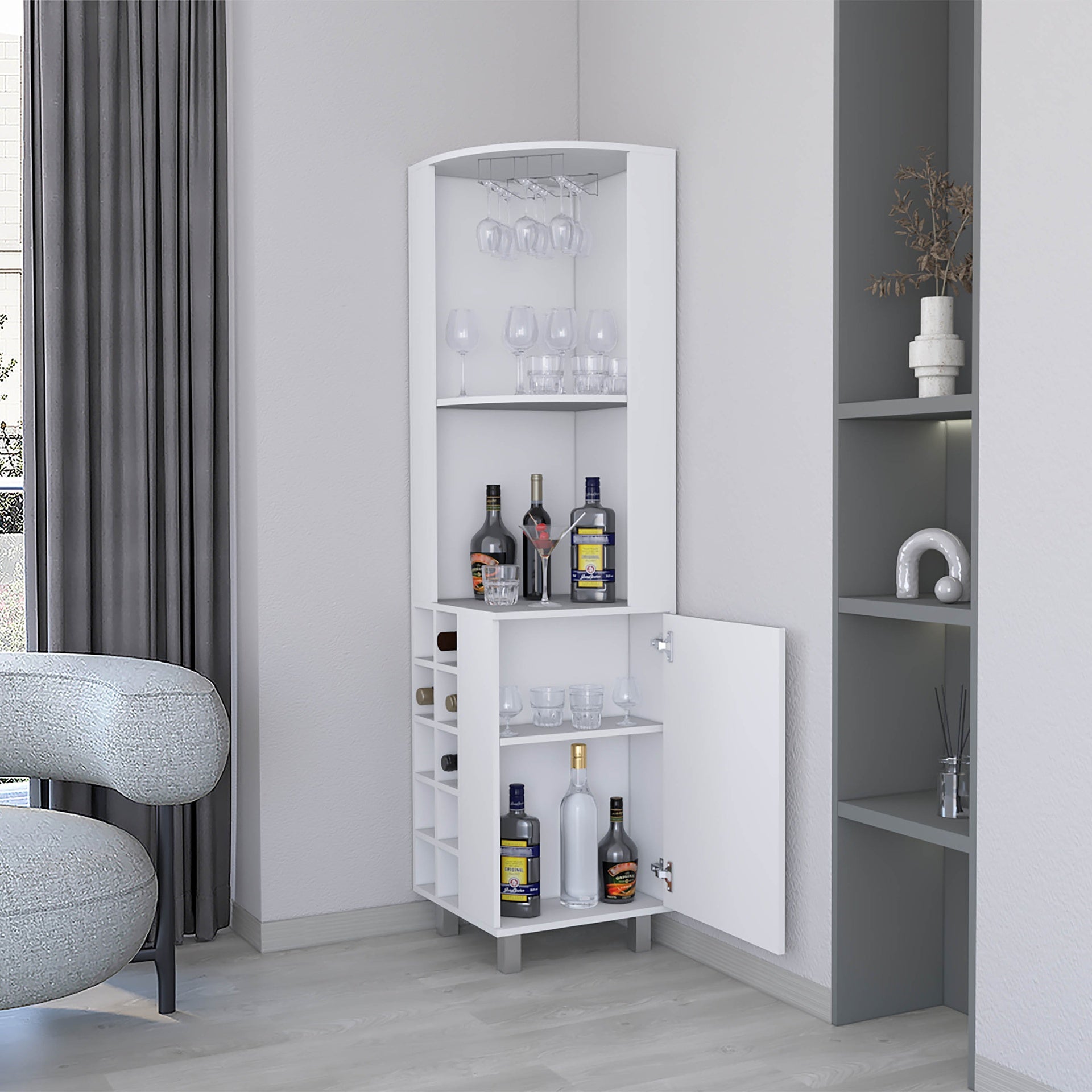 FM FURNITURE Leah Corner Bar cabinet with ample storage and wine rack. White