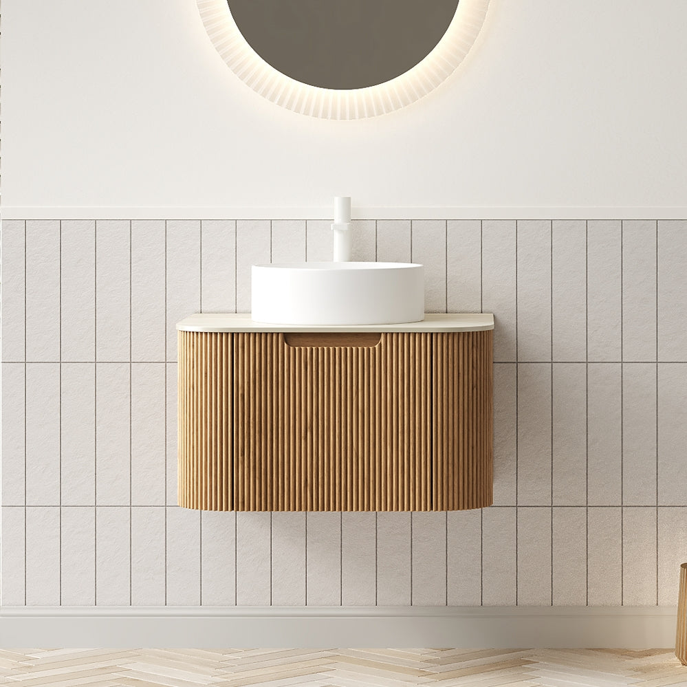 DINA 24" Bathroom Vanity&Sink, Floating Curved Edge Striped Plywood Storage Cabinet with Drawer, White Round Ceramic Basin&Travertine-Pattern Sintered Stone Top, Pre-assembled, Natural Woodgrain Color