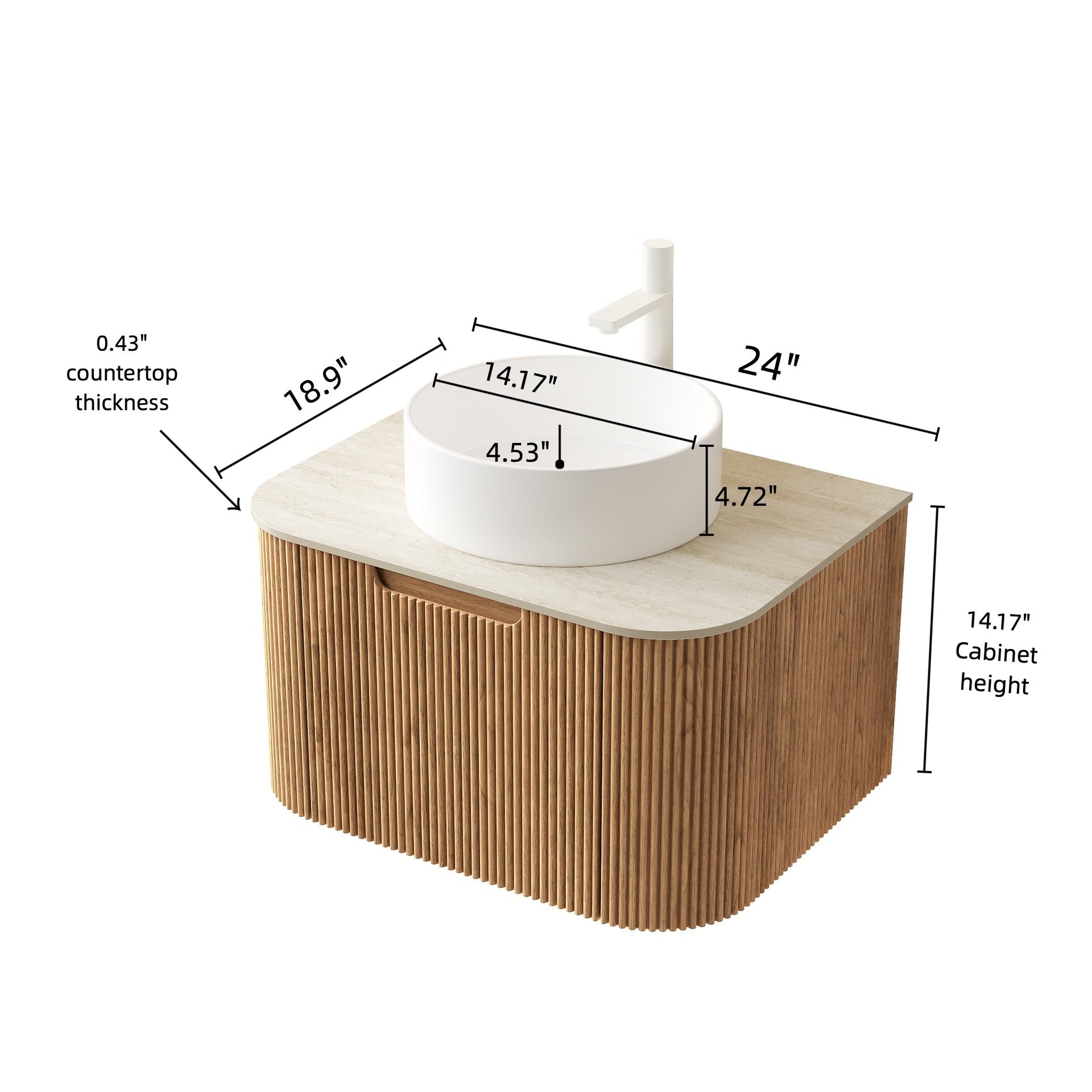DINA 24" Bathroom Vanity&Sink, Floating Curved Edge Striped Plywood Storage Cabinet with Drawer, White Round Ceramic Basin&Travertine-Pattern Sintered Stone Top, Pre-assembled, Natural Woodgrain Color