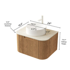 DINA 24" Bathroom Vanity&Sink, Floating Curved Edge Striped Plywood Storage Cabinet with Drawer, White Round Ceramic Basin&Travertine-Pattern Sintered Stone Top, Pre-assembled, Natural Woodgrain Color