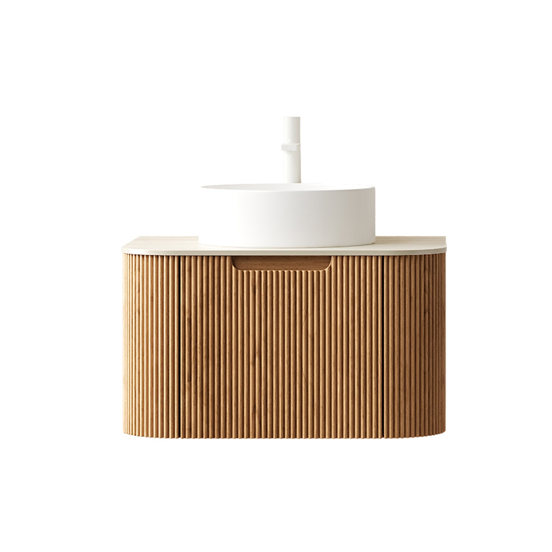 DINA 24" Bathroom Vanity&Sink, Floating Curved Edge Striped Plywood Storage Cabinet with Drawer, White Round Ceramic Basin&Travertine-Pattern Sintered Stone Top, Pre-assembled, Natural Woodgrain Color