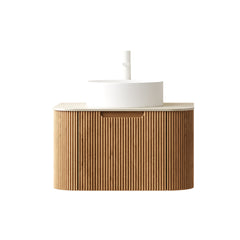 DINA 24" Bathroom Vanity&Sink, Floating Curved Edge Striped Plywood Storage Cabinet with Drawer, White Round Ceramic Basin&Travertine-Pattern Sintered Stone Top, Pre-assembled, Natural Woodgrain Color