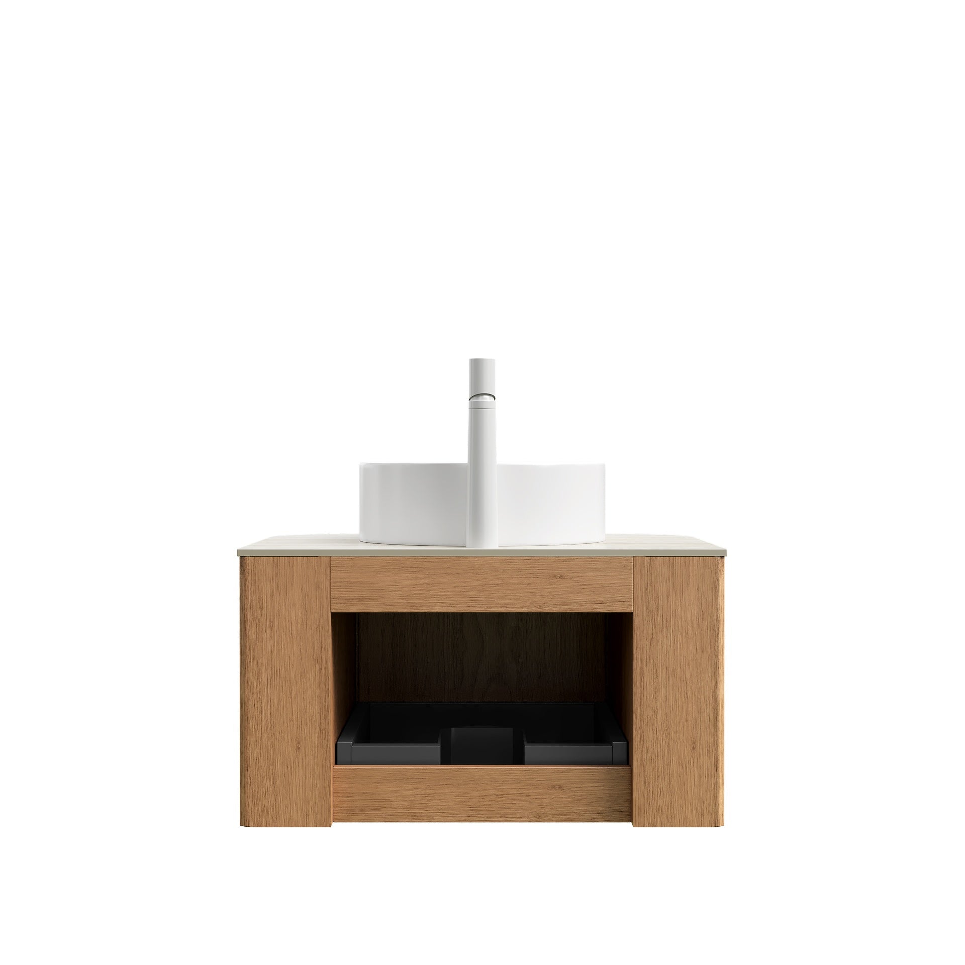 DINA 24" Bathroom Vanity&Sink, Floating Curved Edge Striped Plywood Storage Cabinet with Drawer, White Round Ceramic Basin&Travertine-Pattern Sintered Stone Top, Pre-assembled, Natural Woodgrain Color