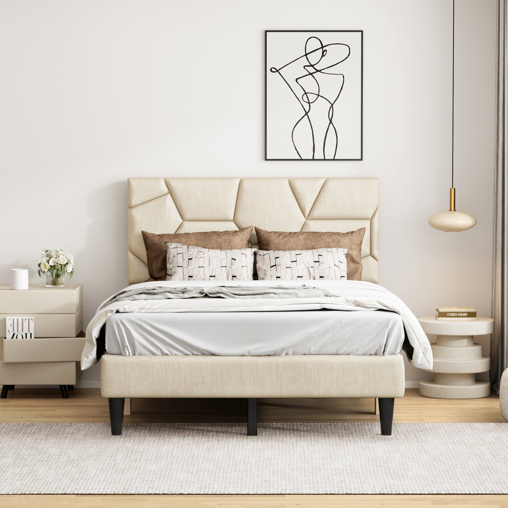 Full Bed Frame, linen storage headboard, strong and stable, no noise, no box spring, Weight 397lbs (Beige)
