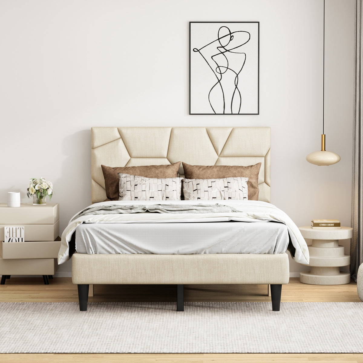 Full Bed Frame, linen storage headboard, strong and stable, no noise, no box spring, Weight 397lbs (Beige)