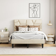 Full Bed Frame, linen storage headboard, strong and stable, no noise, no box spring, Weight 397lbs (Beige)