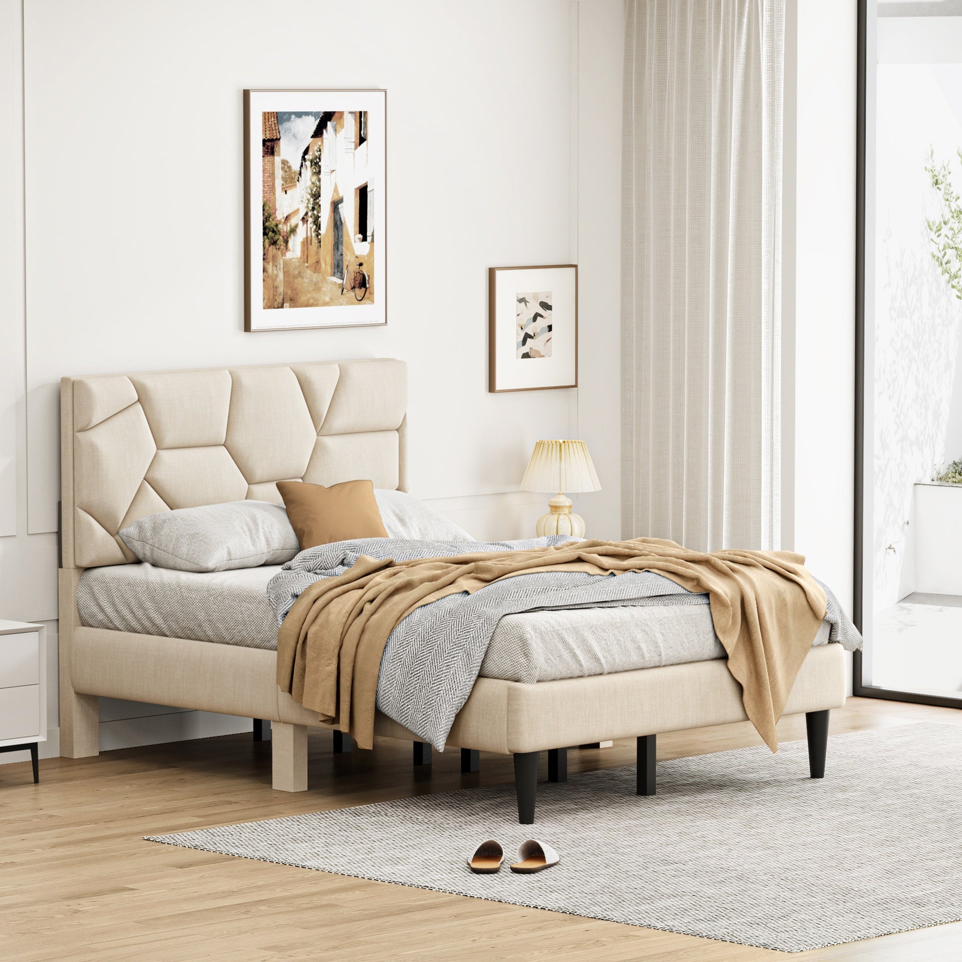 Full Bed Frame, linen storage headboard, strong and stable, no noise, no box spring, Weight 397lbs (Beige)