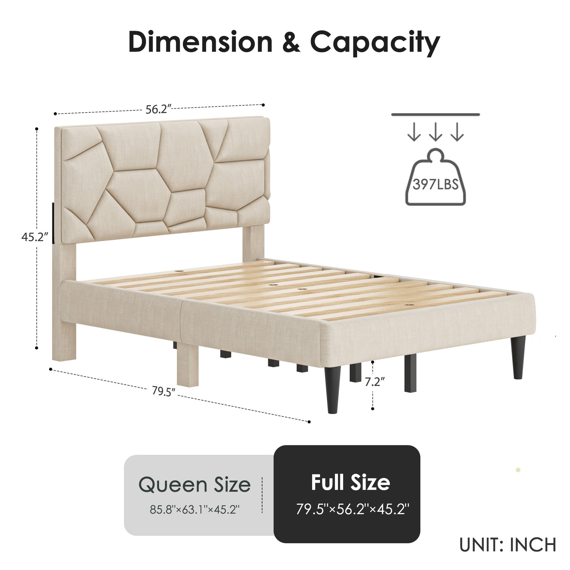 Full Bed Frame, linen storage headboard, strong and stable, no noise, no box spring, Weight 397lbs (Beige)