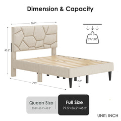 Full Bed Frame, linen storage headboard, strong and stable, no noise, no box spring, Weight 397lbs (Beige)