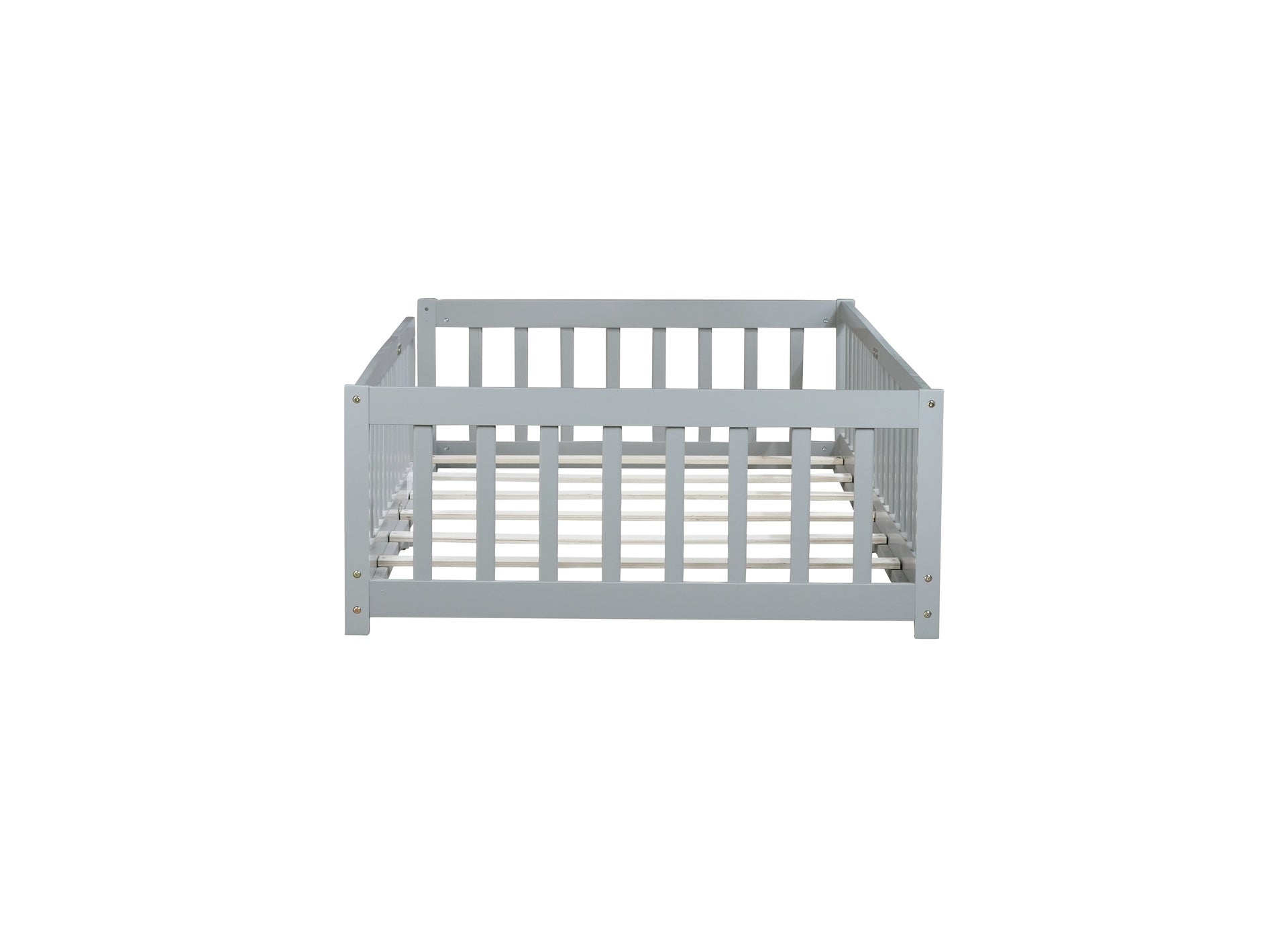Twin Size Floor Bed with Fence without Door, Rubber Wood Floor Bed with Safety Guardrails,Grey