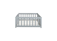 Twin Size Floor Bed with Fence without Door, Rubber Wood Floor Bed with Safety Guardrails,Grey