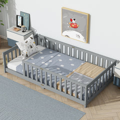 Twin Size Floor Bed with Fence without Door, Rubber Wood Floor Bed with Safety Guardrails,Grey