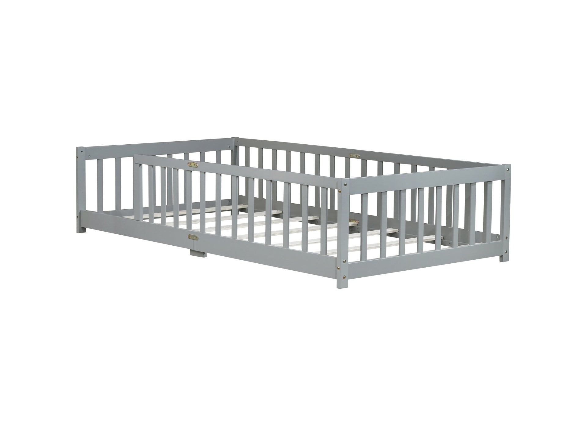 Twin Size Floor Bed with Fence without Door, Rubber Wood Floor Bed with Safety Guardrails,Grey
