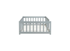 Twin Size Floor Bed with Fence without Door, Rubber Wood Floor Bed with Safety Guardrails,Grey