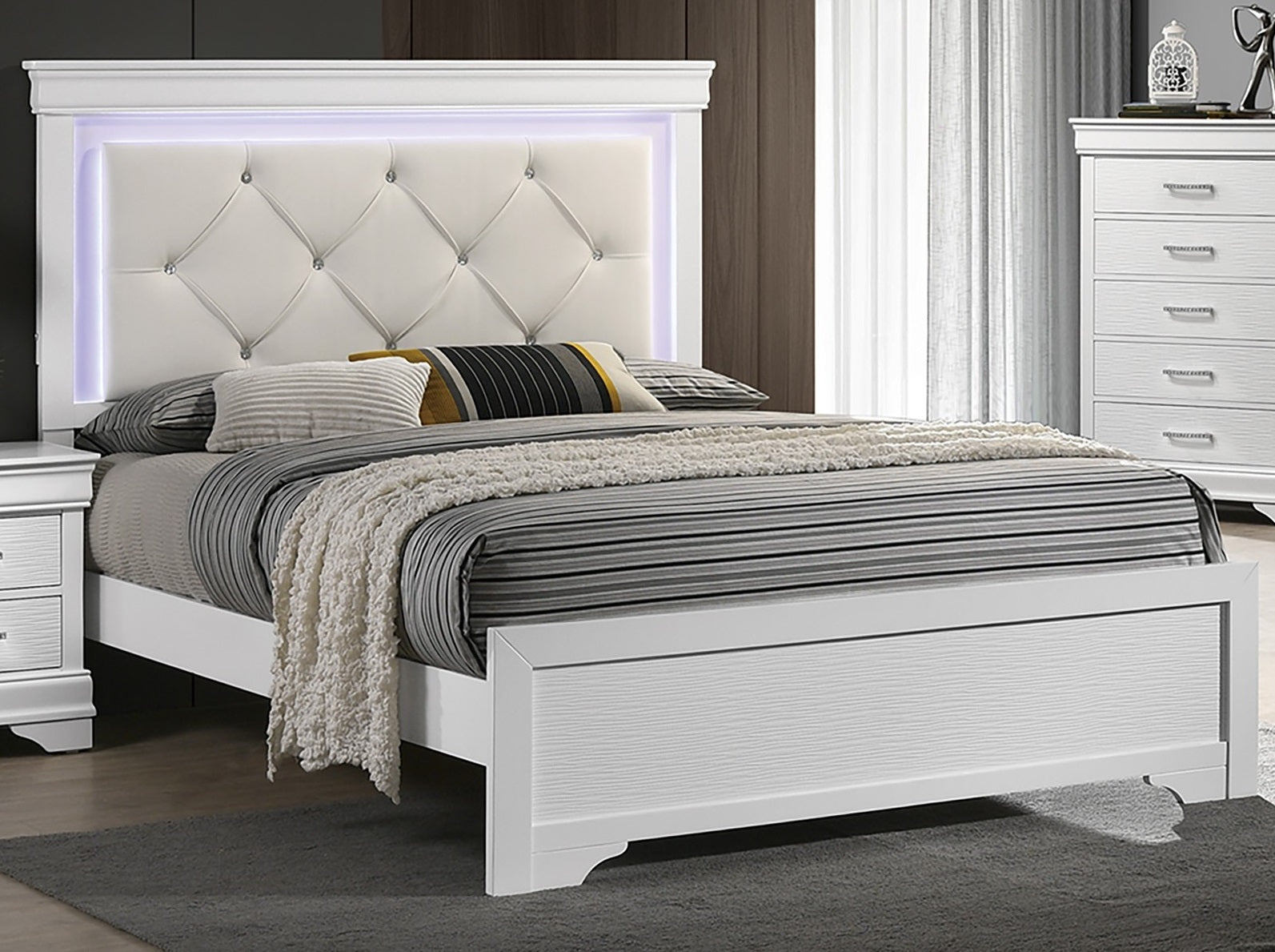 White Faux Leather Tufted Headboard 1pc Queen Size Bed w LED Bedroom Furniture White Unique Texture FB Solid wood