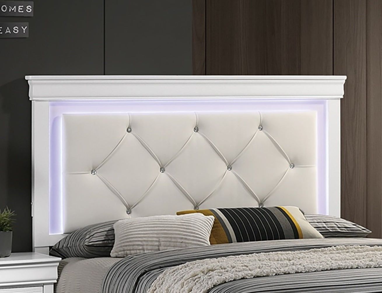 White Faux Leather Tufted Headboard 1pc Queen Size Bed w LED Bedroom Furniture White Unique Texture FB Solid wood