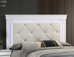 White Faux Leather Tufted Headboard 1pc Queen Size Bed w LED Bedroom Furniture White Unique Texture FB Solid wood