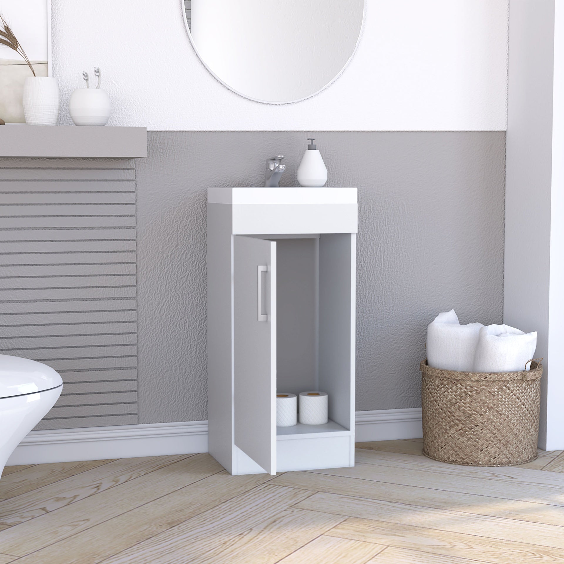 Madrid 16" Bathroom Vanity Single Door, Resin sink and faucet White