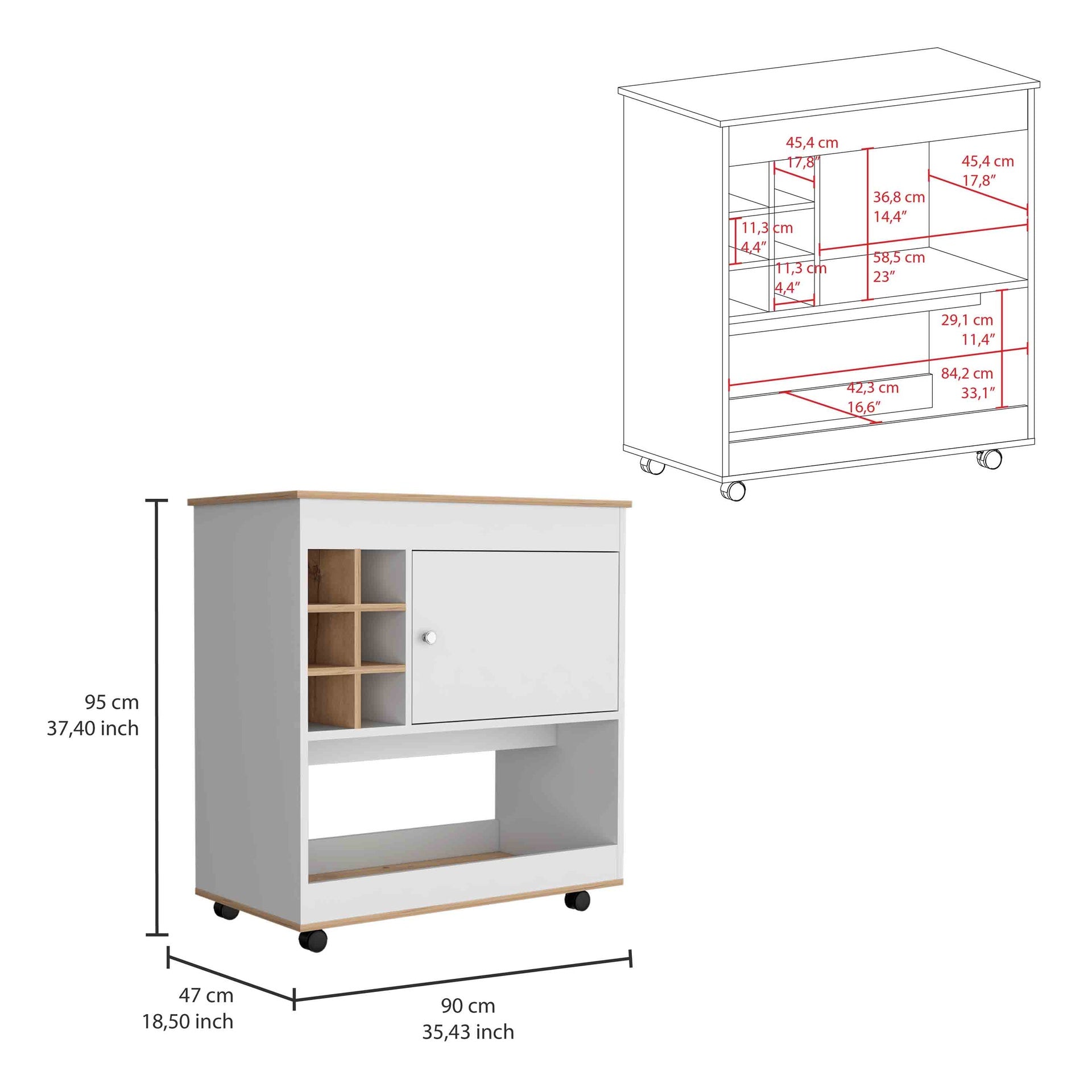 Camelia Bar Cart, Lower Panel, Six Bottle Cubbies, One Cabinet -Light Oak / White