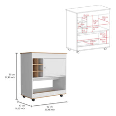 Camelia Bar Cart, Lower Panel, Six Bottle Cubbies, One Cabinet -Light Oak / White