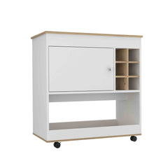 Camelia Bar Cart, Lower Panel, Six Bottle Cubbies, One Cabinet -Light Oak / White